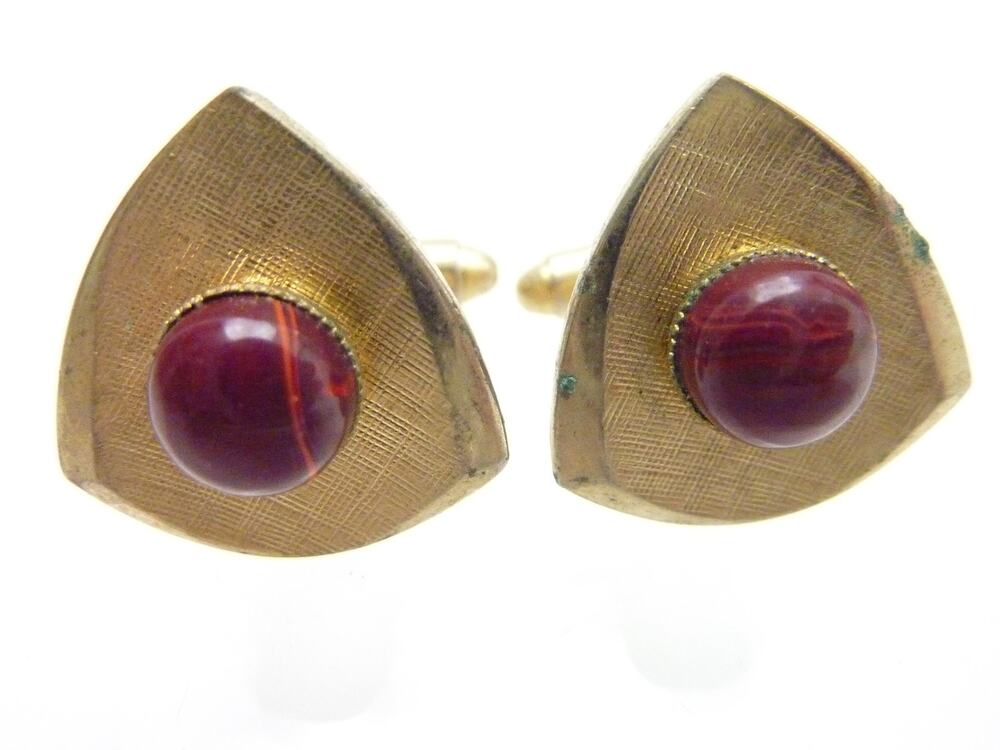 Vintage MCM Gold Tone Cuff Links Red Stone Triangle